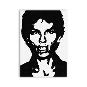 May include: Black and white illustration of a person with short hair and a serious expression. The person is looking directly at the viewer.