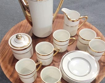 Vintage White Gold Trim Demitasse Espresso Set - 16-Piece Porcelain Espresso Set with Coffee Pot, Sugar Bowl, Creamer, 6 Cups & Saucers