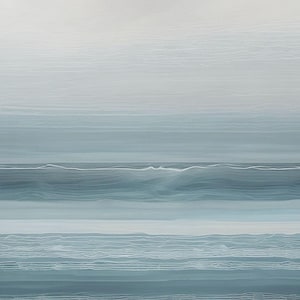 May include: Abstract artwork of the ocean in shades of blue and white. The image shows horizontal bands of colour, evoking waves and the horizon. Fine white lines add texture and detail to the serene seascape.