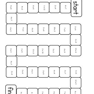 May include: A black and white game board with a grid of squares. Each square has a multiplication problem written inside. The game board is labeled "start" and "finish".