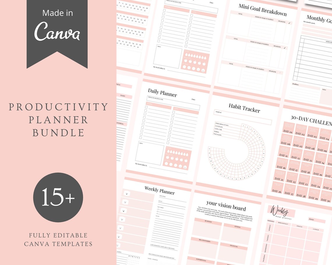 Productivity Planner Canva Template Editable Printable | Etsy