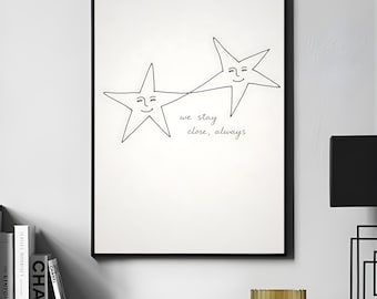 Arte de pared minimalista de estrellas imprimible, lindas estrellas de arte lineal, decoración neutra para habitación infantil, dormitorio infantil moderno, descarga digital