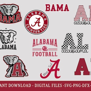 May include: A collection of digital file designs featuring the word "BAMA" and "ALABAMA" in various styles. Designs include an elephant mascot, the Crimson Tide logo, and the text "Play Tied A". The bottom of the image reads "INSTANT DOWNLOAD - DIGITAL FILES -SVG-PNG-DFX- EPS".