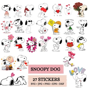Puede incluir: Una colección de 27 pegatinas de Snoopy Dog, que muestran al personaje en varias poses. Snoopy se representa con corazones, flores y sosteniendo carteles. Las pegatinas están disponibles en formatos SVG, JPG, PNG, EPS y DXF.