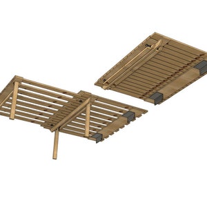 Puede incluir: Representación arquitectónica de una pérgola de madera, parcialmente desmontada. La estructura es de madera marrón claro con un diseño de techo de listones. La pérgola está sostenida por cuatro patas y tiene soportes metálicos.