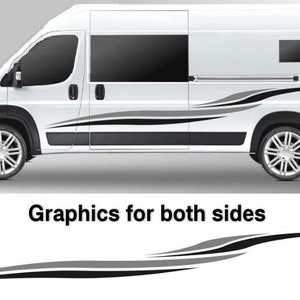 May include: White van with black and grey graphic decals on the side. The decals are a wavy design. The text "Graphics for both sides" is below the van.
