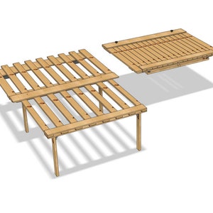 May include: A wooden table with a slatted top that can be folded in half. The table is made of natural wood and has a rustic look.