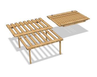 Puede incluir: Una mesa de madera con una tapa de listones que se puede doblar por la mitad. La mesa está hecha de madera natural y tiene un aspecto rústico.