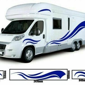 May include: Blue and white wave decals for a motorhome. The decals are 610mm, 2470mm, 840mm, and 230mm long.