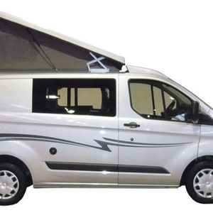 May include: A silver van with a pop-up roof, black trim, and a black and grey stripe design on the side.