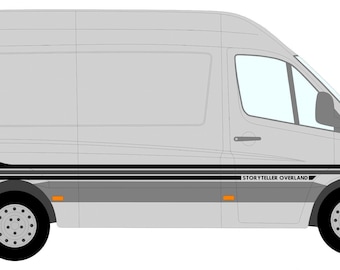 May include: A white van with black and grey stripes along the side. The van has the text "MODE 6.4" and "STORYTELLER OVERLAND" on the side.