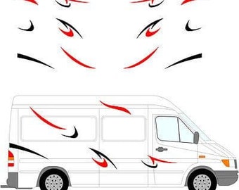 May include: A white van with red and black graphic designs on the side. The designs are abstract and resemble flames.