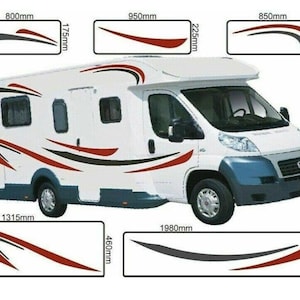 May include: A set of red, black and grey vinyl decals for a camper van. The decals are in the shape of curved lines and are designed to be applied to the side of the van. The decals are available in various sizes, including 800mm, 950mm, 850mm, 1315mm, 1980mm and 325mm.