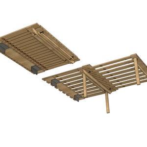 Könnte beinhalten: Ein Holzbettgestell mit Latten und klappbaren Beinen. Das Gestell ist in zusammengeklappter Position, sodass die Unterseite der Latten und die Beine sichtbar sind.