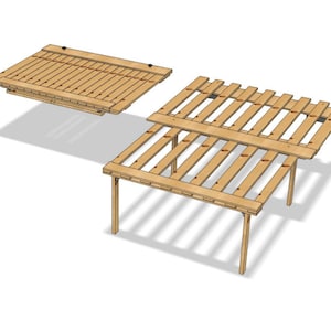 May include: An exploded view of a wooden bed frame, showcasing the components. The frame is made of light-colored wood, with a slatted base and four legs. The components are separated, suggesting assembly.