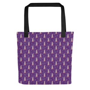 May include: Purple tote bag featuring a repeating pattern of pink and white stylised trees. The trees are arranged in rows and outlined in a darker shade of pink.