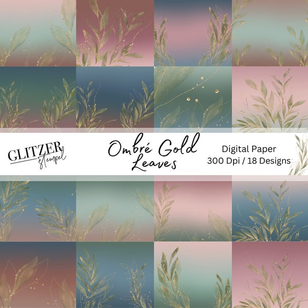 Printable Paper Digi Paper Papier Druckbares Motivpapier Ombré Gold Leaves Digi Paper Scrapbook