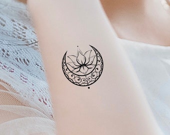 Floral Lotus Moon Mandala Temporary Tattoo / crescent moon tattoo / lotus tattoo / floral tattoo