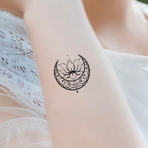 Floral Lotus Moon Mandala Temporary Tattoo / crescent moon tattoo / lotus tattoo / floral tattoo