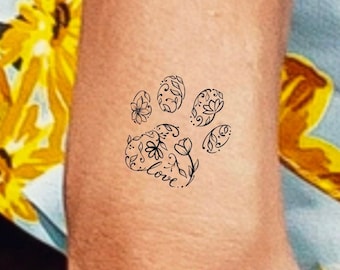 Paw Print Flowers Temporary Tattoo Paw Print tattoo floral tattoo dog  tattoo