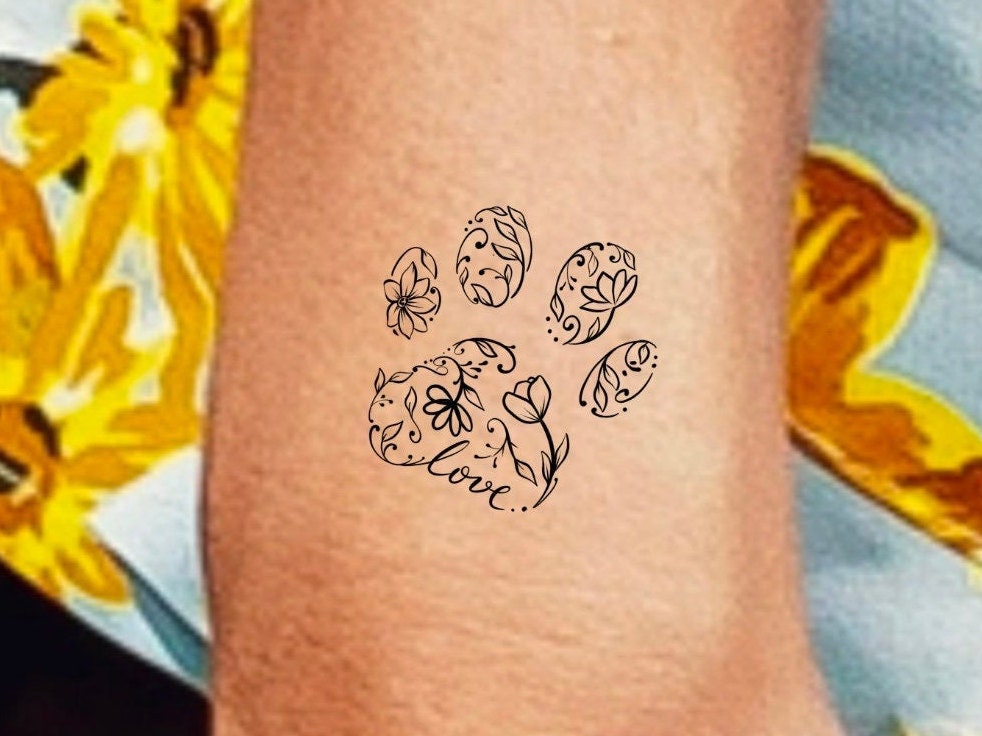 Paw Print Flowers Temporary Tattoo / Paw Print Tattoo / Floral - Etsy