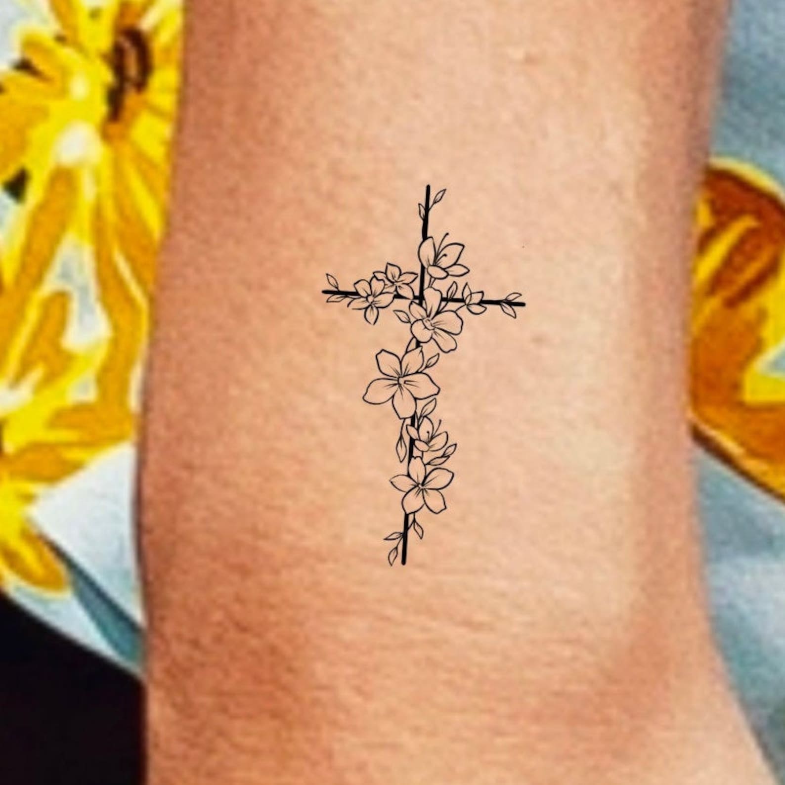 Floral Cross Temporary Tattoo / Small Cross Tattoo / Religious Etsy