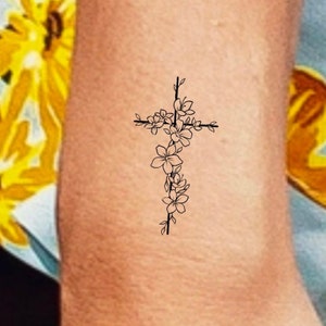 Floral Cross Temporary Tattoo / small cross tattoo / religious tattoo / wildflower tattoo / floral tattoo / religious tattoo /  cross tattoo