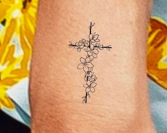 Floral Cross Temporary Tattoo / small cross tattoo / religious tattoo / wildflower tattoo / floral tattoo / religious tattoo /  cross tattoo
