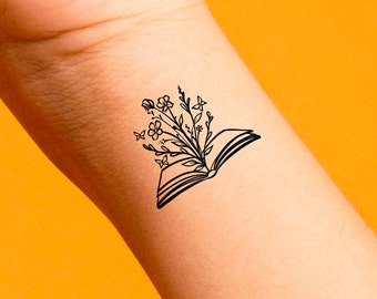 Open Book Flowers Temporary Tattoo / Fantasy Book Tattoo