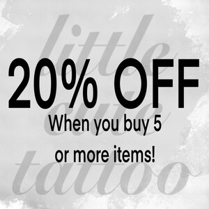 May include: Black and white text graphic with the words "20% OFF" and "When you buy 5 or more items!"