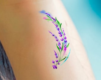 Watercolor Lavender Temporary Tattoo, Floral Design