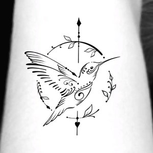 Hummingbird Floral Temporary Tattoo / animals tattoo / arrow tattoo / leaves tattoo / floral tattoo / bird tattoo