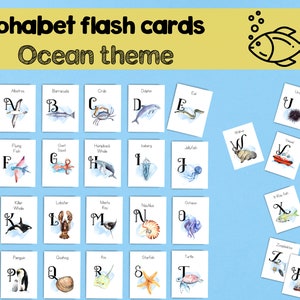 Alphabet Watercolor Flash Cards Ocean theme pdf printable