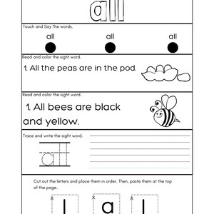 Kindergarten sight words worksheets printable | Etsy