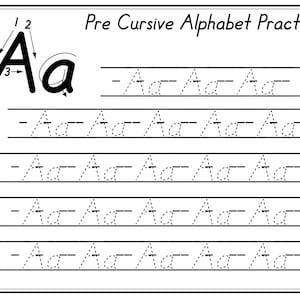 May include: A black and white worksheet with the letter 'A' written in cursive. The worksheet has dotted lines for practicing writing the letter 'A' in cursive.