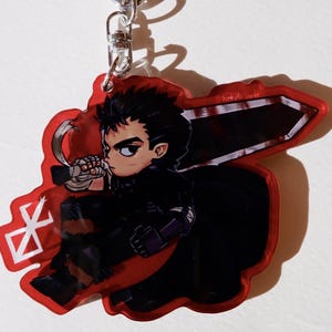 Llavero Guts de 7 cm (2,7 pulgadas), acrílico transparente rojo, doble cara, estilo fanart de Berserk Black Swordsman, Dragonslayer.