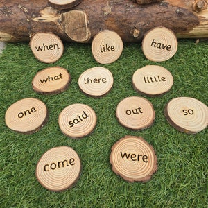 May include: Wooden discs with various sight words written on them, including "one", "come", "said", "when", "what", "there", "like", "have", "little", "out", "so", "do", "some", "were".