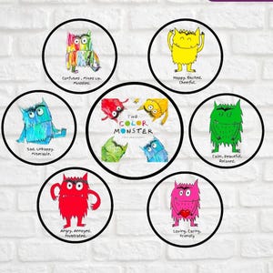 May include: A set of circular wall decals featuring The Color Monster book characters. Six circles display monsters in various colors representing emotions: multicolored, yellow, blue, green, red, and pink, with descriptive text for each.