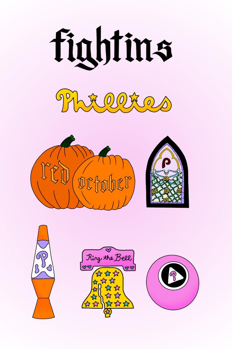 May include: A collection of graphic illustrations including the text fightins and Phillies, two orange pumpkins labeled red october, a stained glass window with a P, a lava lamp, a yellow bell labeled Ring the Bell, and a pink ball with a P symbol.