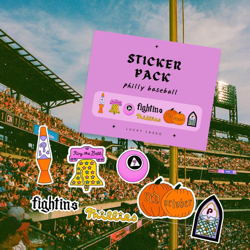 May include: A sticker pack featuring Philly baseball designs on a light purple background. The stickers include a lava lamp, a bell with stars, a pink ball, two orange pumpkins labeled Red October, and a stained glass window with a letter P.