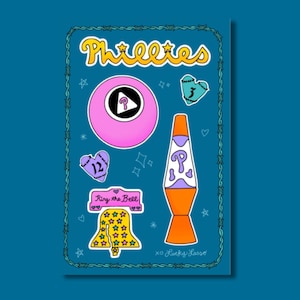 May include: A sticker sheet on a blue background featuring the text Phillies at the top. The sheet includes a pink magic ball, a lava lamp, a yellow bell with stars, and two heart shapes with the numbers 3 and 12. The text Ring the Bell is present.