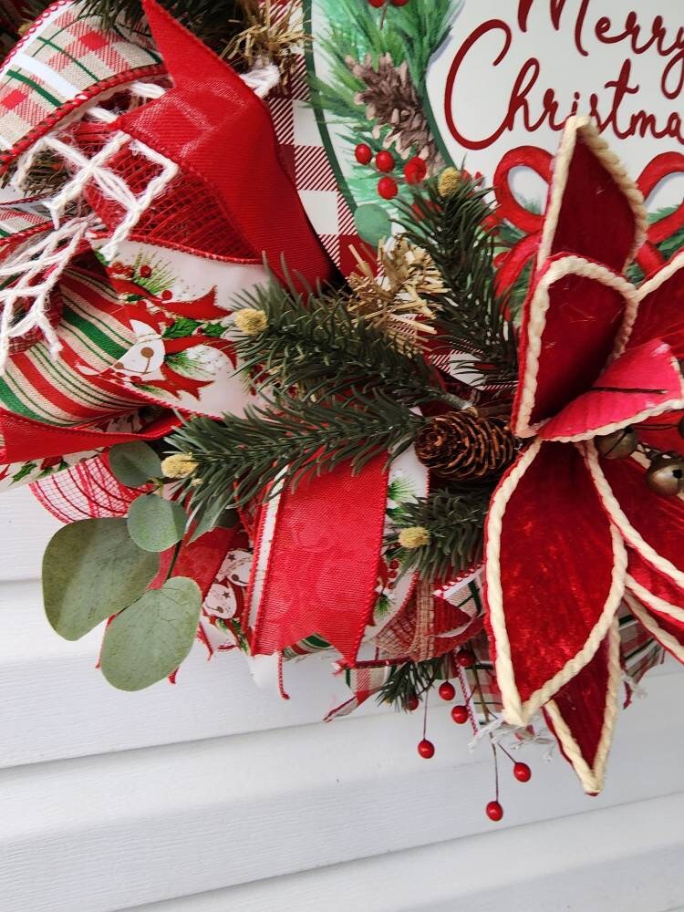 Christmas Front Door Wreath Holiday Red And Green Floral Wreath Etsy