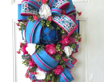 Spring Floral Front Door Swag, Blue Gem Summer Wreath, Everyday Door Decor