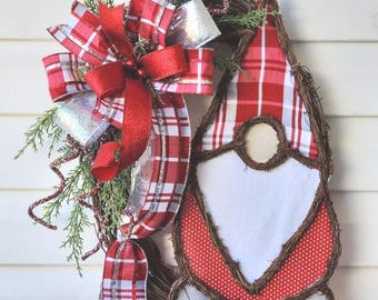 Christmas Grapevine Gnome Wreath, Holiday Door Hanger, Wall Hanging