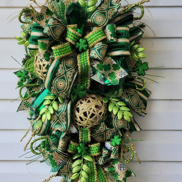 St. Patrick's Day Jeweled Swag Wreath, Glam Front Door Decor, Door Hanger, Porch or Wall Hanging