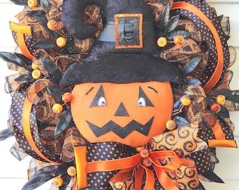 Halloween Witch Wreath, Front Door Spooky Pumpkin