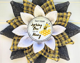 Bee Spring Wreath, Black Yellow Poly Burlap Flower, Bumble Bee Front Door Decor