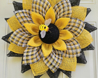 Bee Flower Front Door Decor, Outdoor Flower Wreath, Wall Hanging