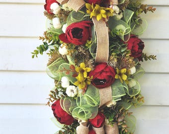Burgundy Floral Fall Swag, Pumpkin Front Door Decor