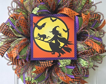 Halloween Witch Wreath, Spooky Moon Door Hanger, Halloween Decor